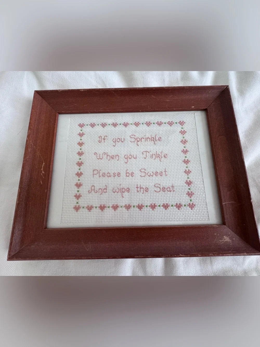 Vintage Handmade Cross Stitch Framed Funny Bathroom Wall Decor Cottagecore Grand
